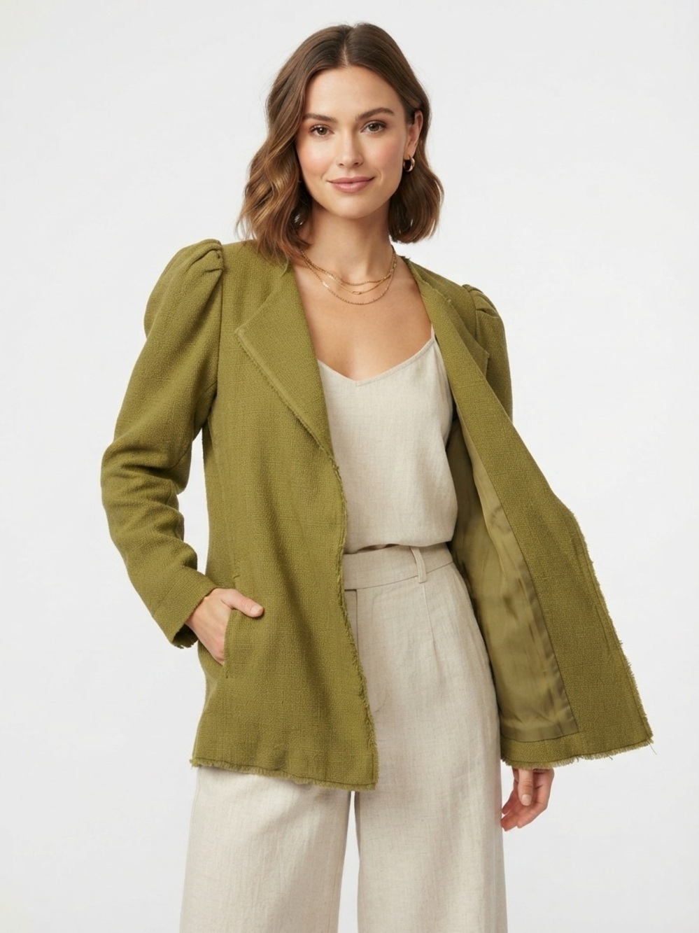 Something Navy Puff Shoulder Blazer Raw Hem Linen Cotton Blend Green Small